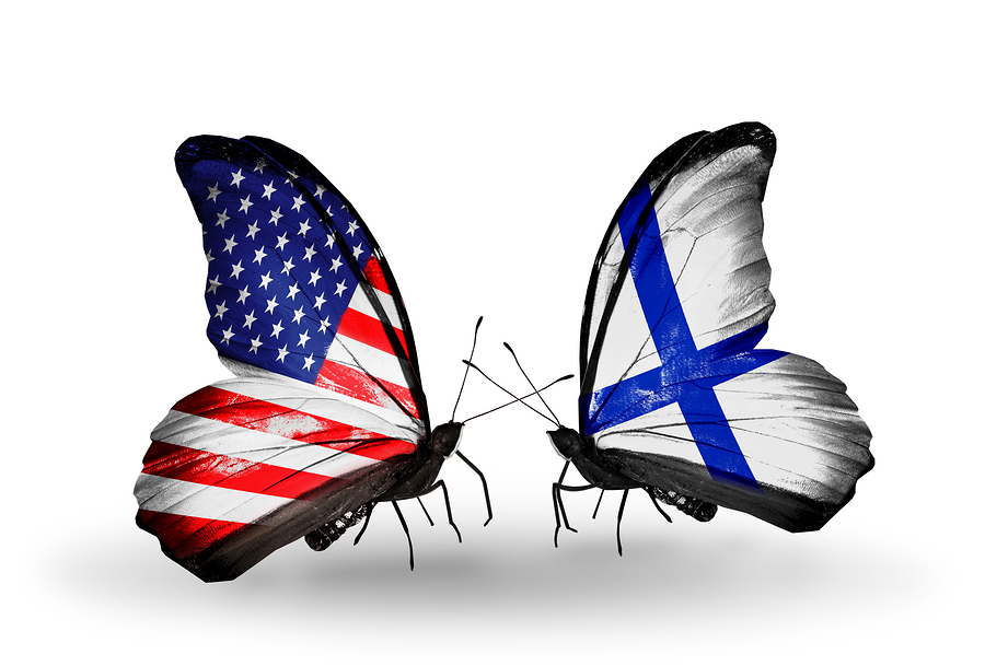 Two butterflies with flags on wings as symbol of relations USA and Finland