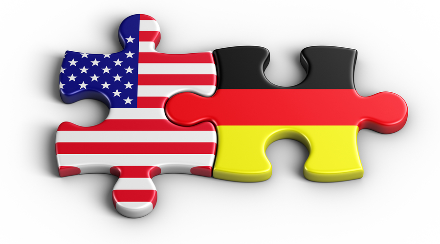 3d rendering of an american puzzle piece and a German