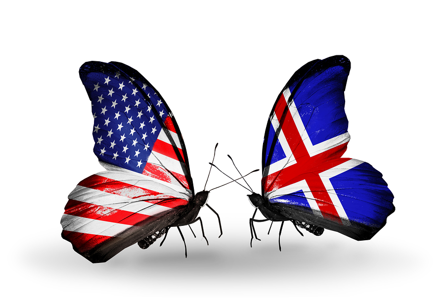 Two butterflies with flags on wings as symbol of relations USA and Iceland