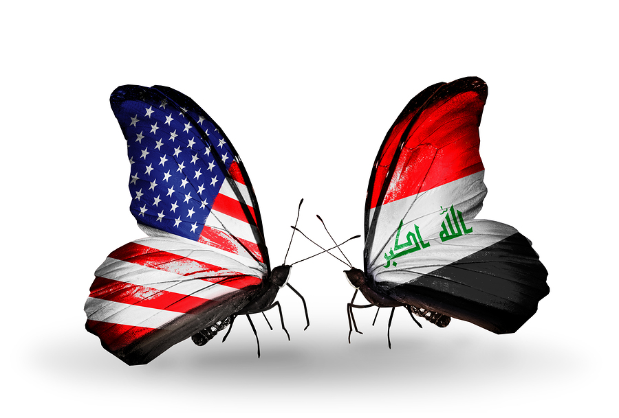 Two butterflies with flags on wings as symbol of relations USA and Iraq