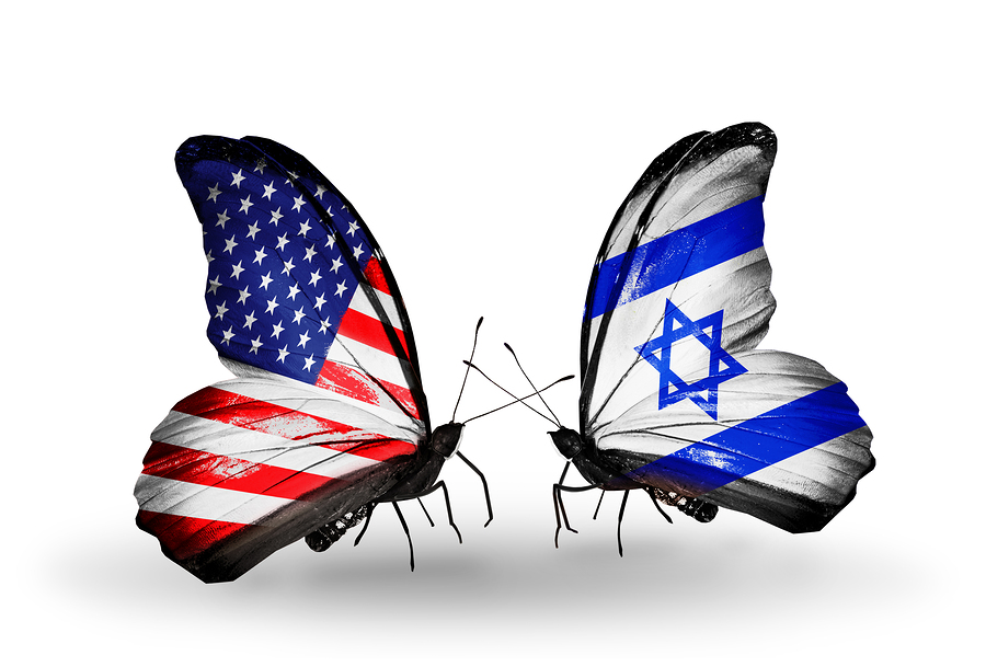 Two butterflies with flags on wings as symbol of relations USA and Israel