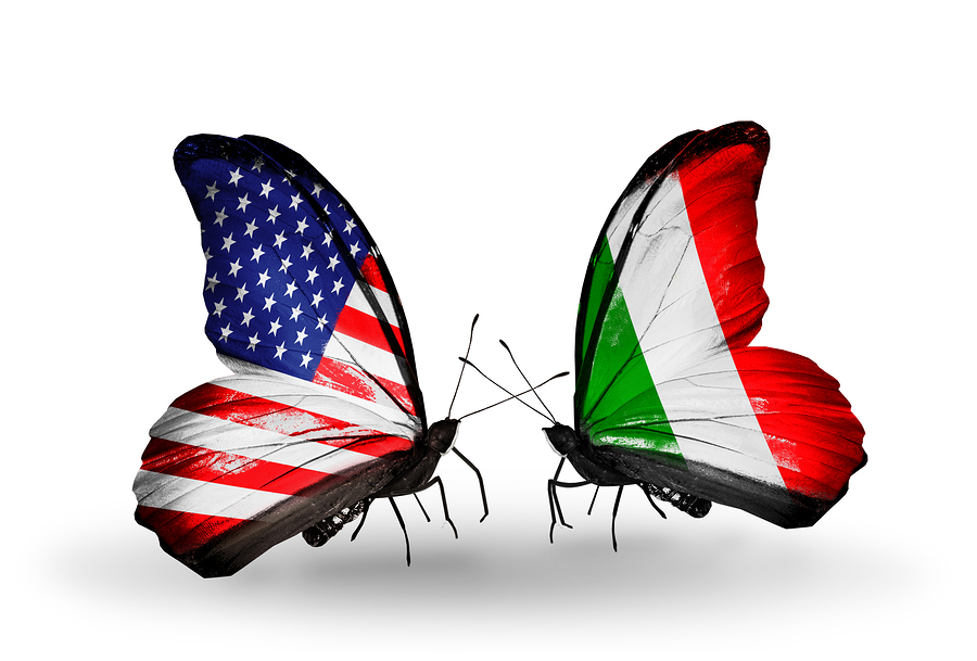 Two butterflies with flags on wings as symbol of relations USA and Italy