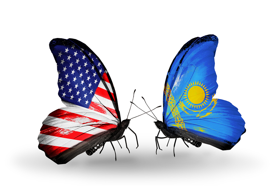 Two butterflies with flags on wings as symbol of relations USA and Kazakhstan