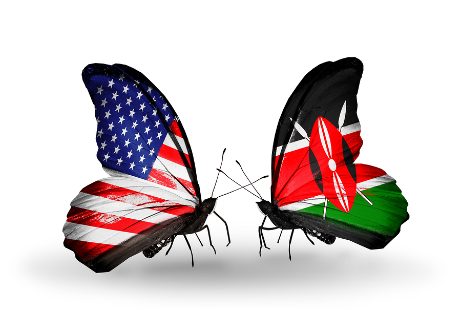 Two butterflies with flags on wings as symbol of relations USA and Kenia