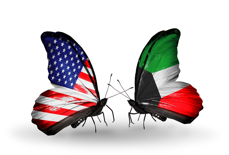 Two butterflies with flags on wings as symbol of relations USA and Kuwait