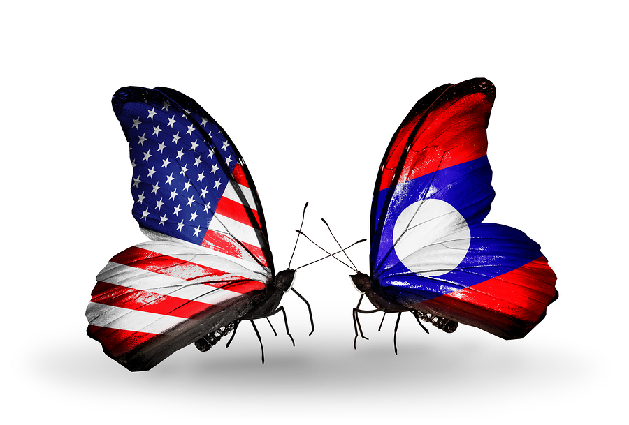 Two Butterflies With Flags On Wings As Symbol Of Relations Usa A Two butterflies with flags on wings as symbol of relations USA and Laos