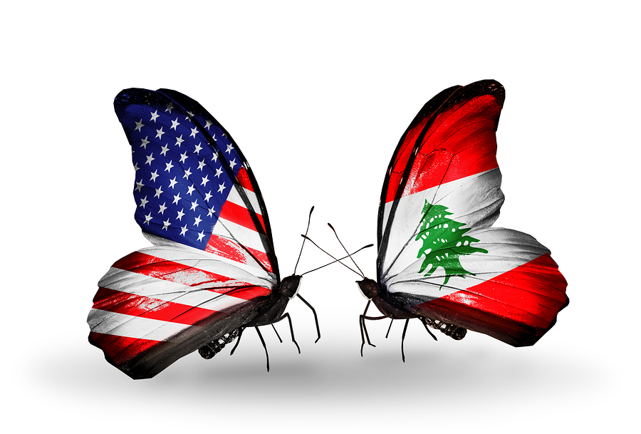 Two Butterflies With Flags On Wings As Symbol Of Relations Usa A Two butterflies with flags on wings as symbol of relations USA and Lebanon