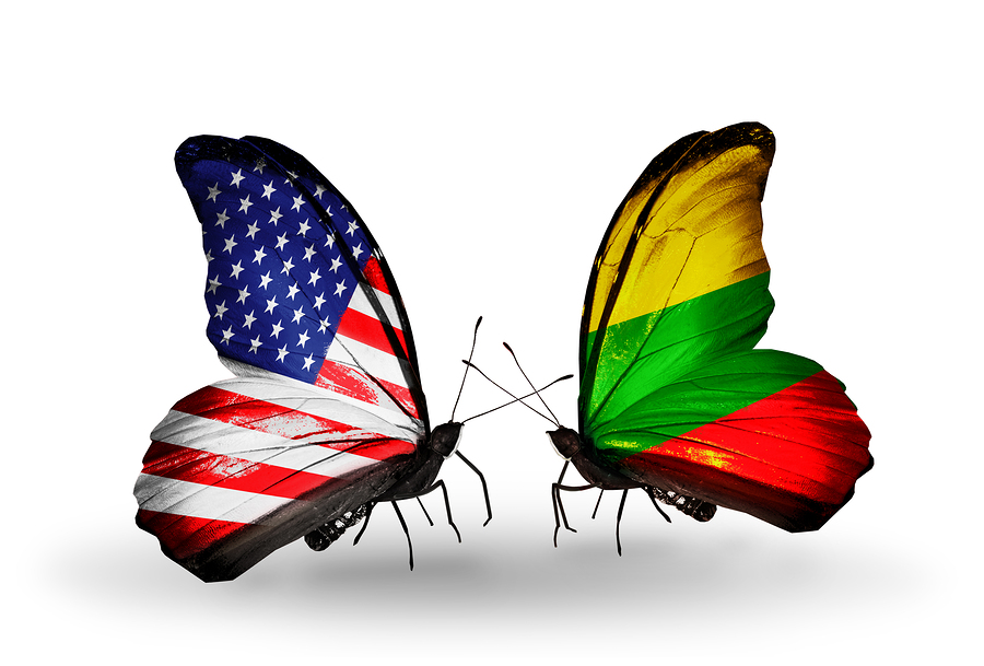 Two butterflies with flags on wings as symbol of relations USA and Lithuania