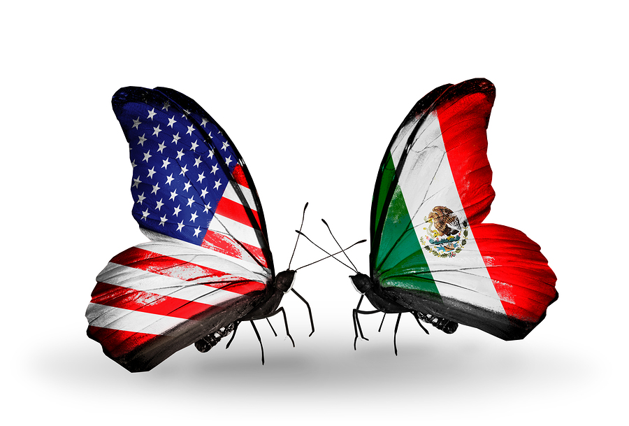 Two butterflies with flags on wings as symbol of relations USA and Mexico