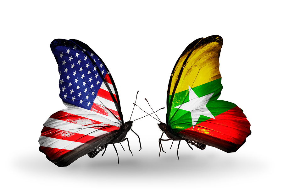 Two butterflies with flags on wings as symbol of relations USA and Myanmar