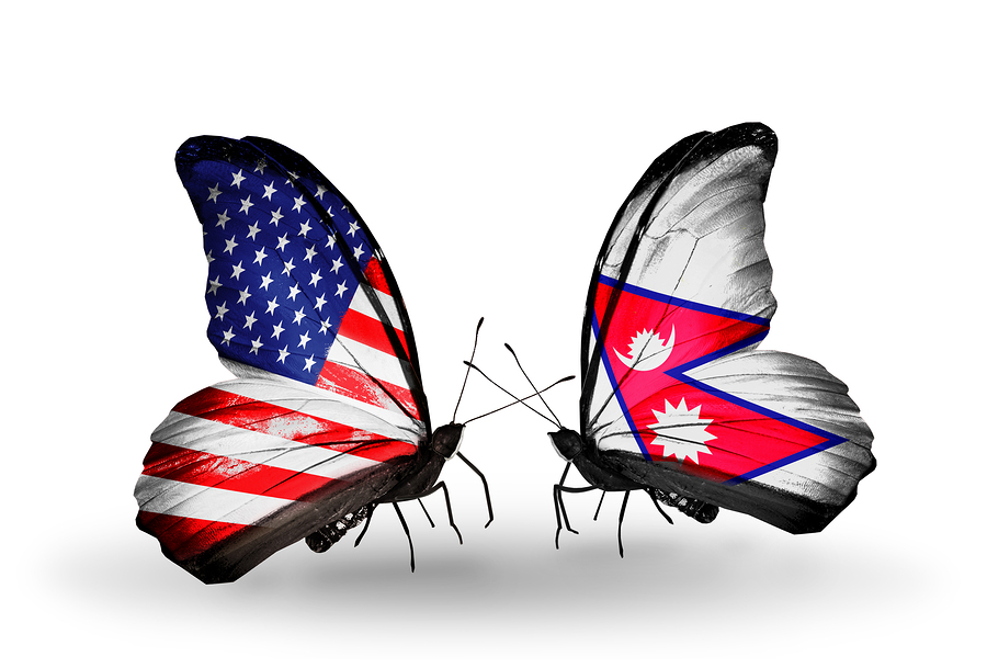 Two butterflies with flags on wings as symbol of relations USA and Nepal