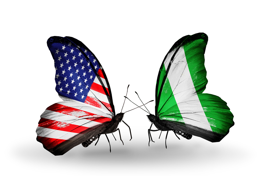 Two butterflies with flags on wings as symbol of relations USA and Nigeria