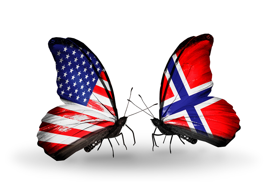 Two butterflies with flags on wings as symbol of relations USA and Norway