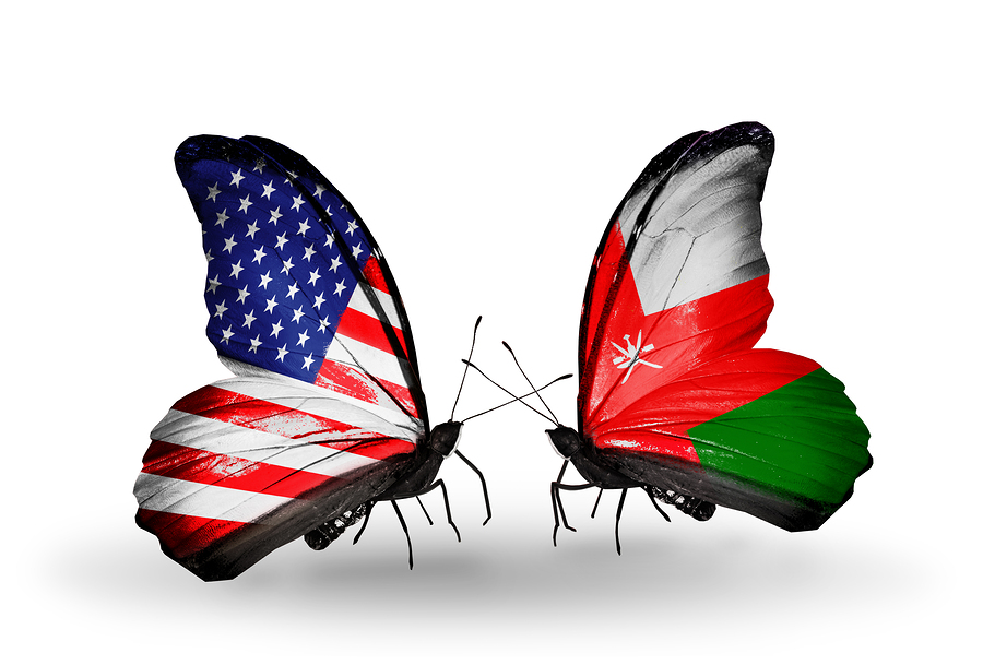 Two butterflies with flags on wings as symbol of relations USA and Oman
