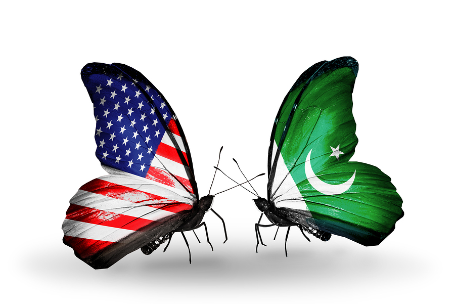 Two butterflies with flags on wings as symbol of relations USA and Pakistan