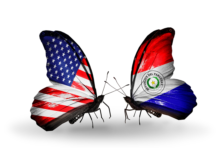 Two butterflies with flags on wings as symbol of relations USA and Paraguay