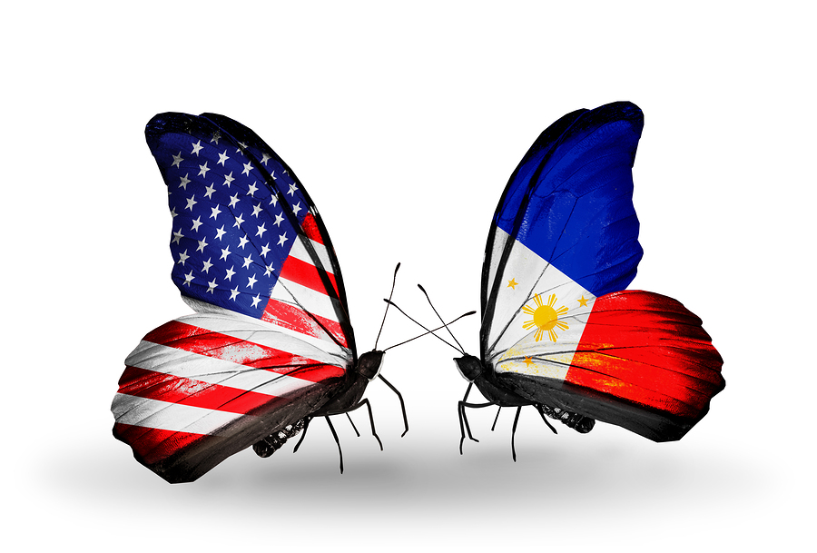 Two butterflies with flags on wings as symbol of relations USA and Philippines