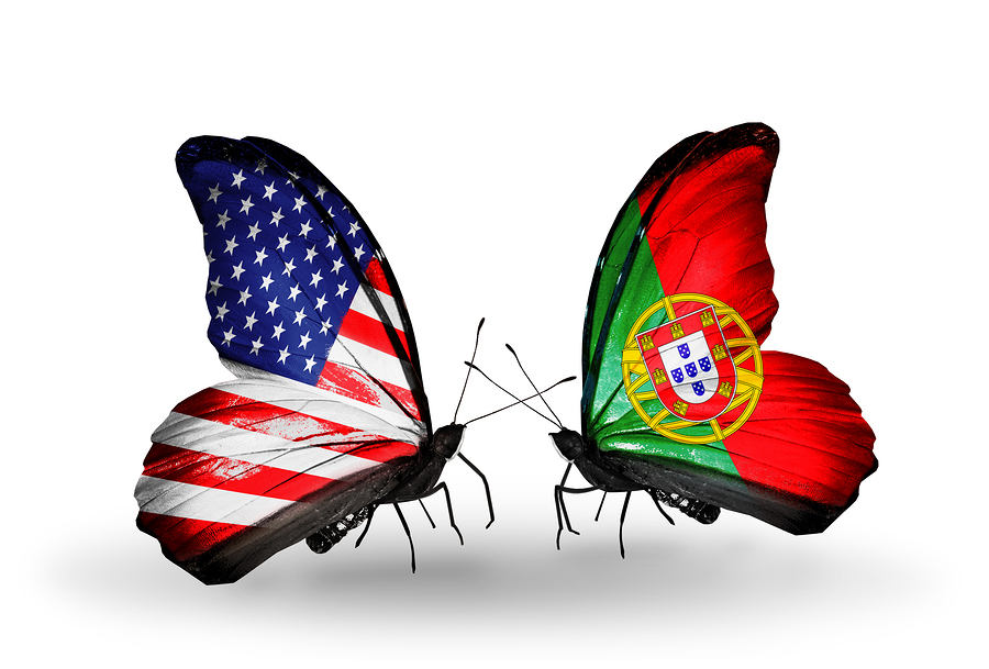 Two butterflies with flags on wings as symbol of relations USA and Portugal