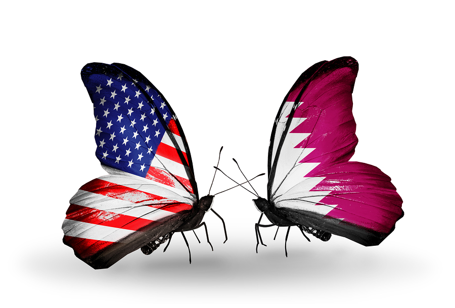 Two butterflies with flags on wings as symbol of relations USA and Qatar