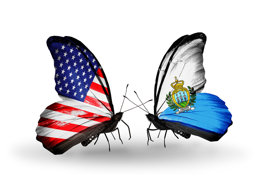 Two butterflies with flags on wings as symbol of relations USA and San Marino