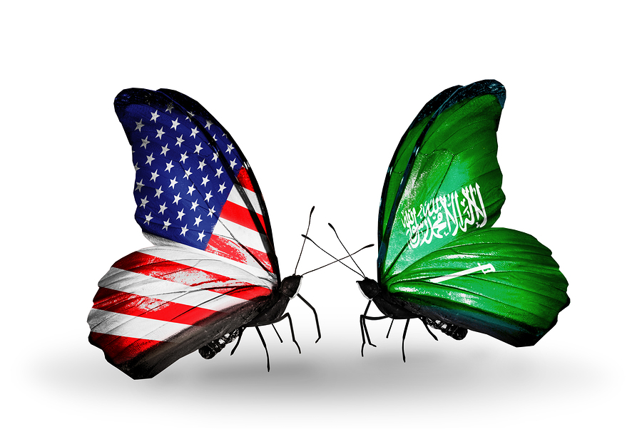 Two butterflies with flags on wings as symbol of relations USA and Saudi Arabia