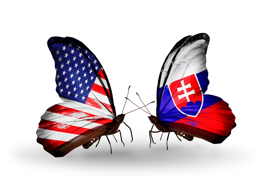 Two butterflies with flags on wings as symbol of relations USA and Slovakia