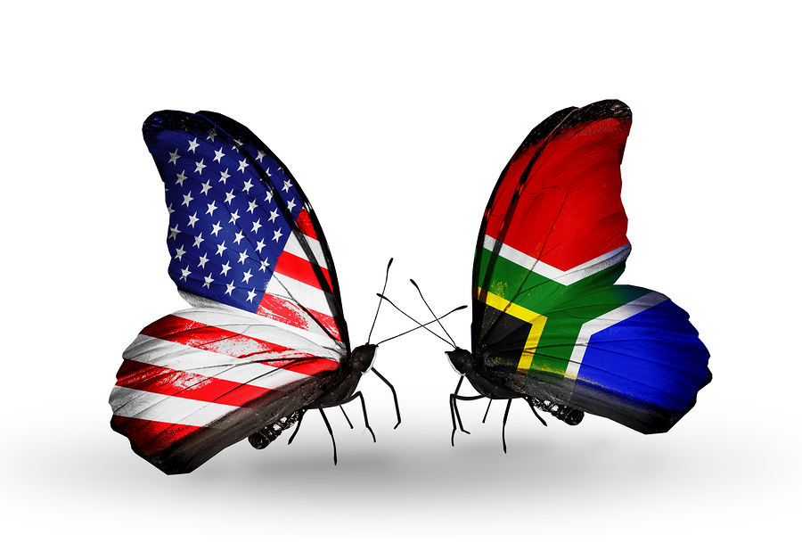 Two butterflies with flags on wings as symbol of relations USA and South Africa