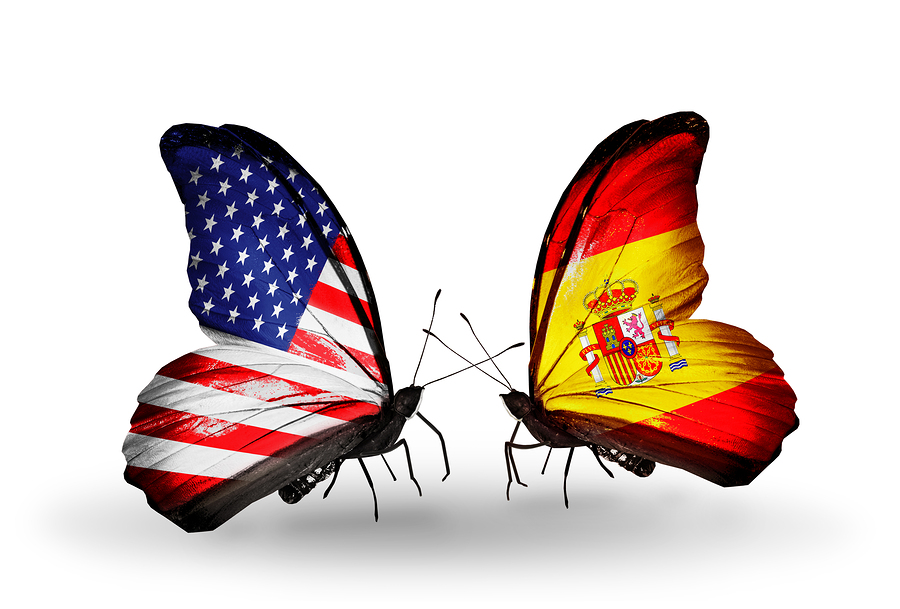 Two butterflies with flags on wings as symbol of relations USA and Spain