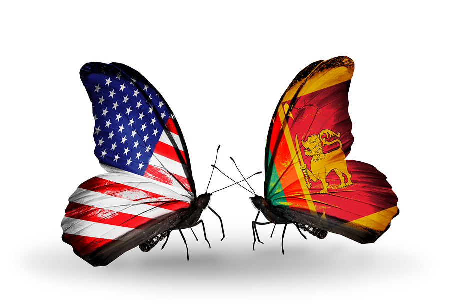 Two butterflies with flags on wings as symbol of relations USA and Sri Lanka