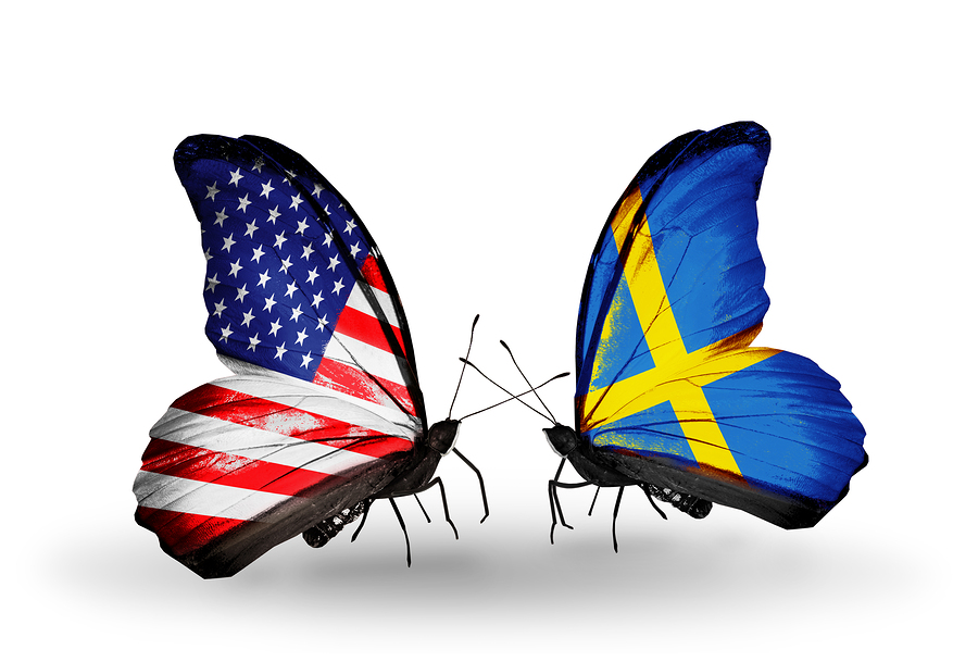 Two butterflies with flags on wings as symbol of relations USA and Sweden