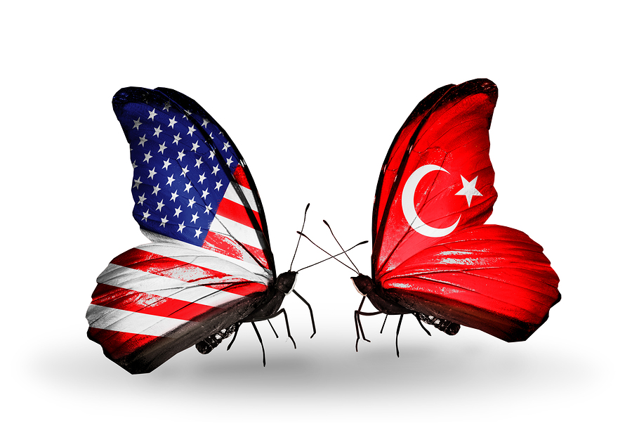 Two butterflies with flags on wings as symbol of relations USA and Turkey