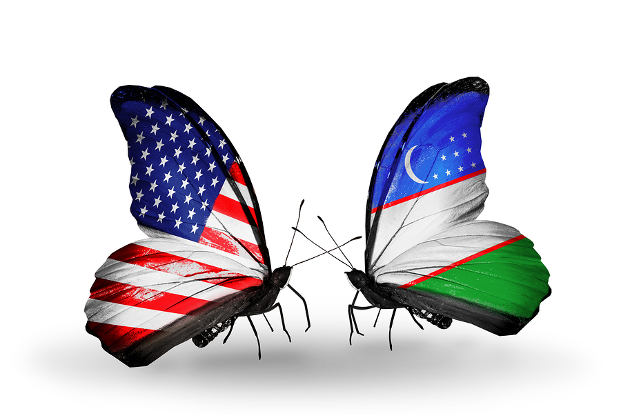 Two butterflies with flags on wings as symbol of relations USA and Uzbekistan