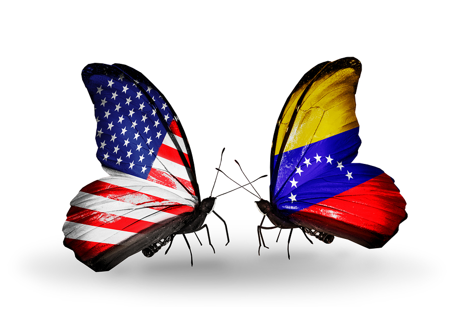 Two butterflies with flags on wings as symbol of relations USA and Venezuela