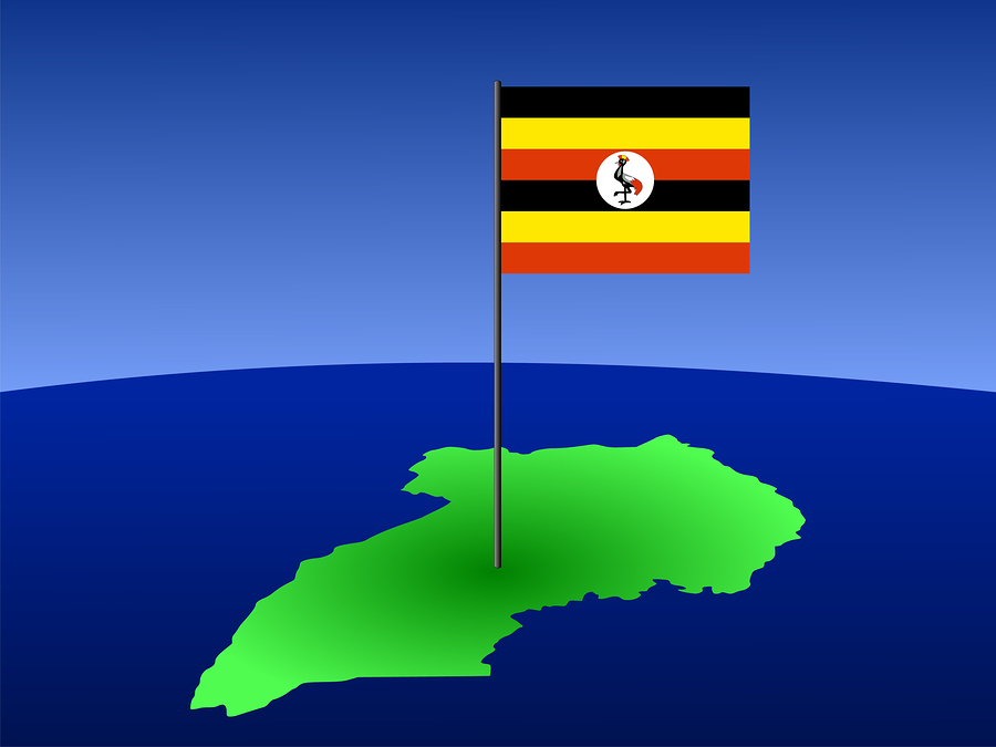 map of Uganda and their flag on pole illustration
