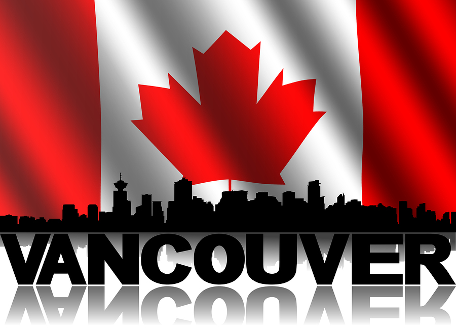 Vancouver Skyline And Text Reflected With Rippled Canadian Flag Vancouver skyline and text reflected with rippled Canadian flag illustration
