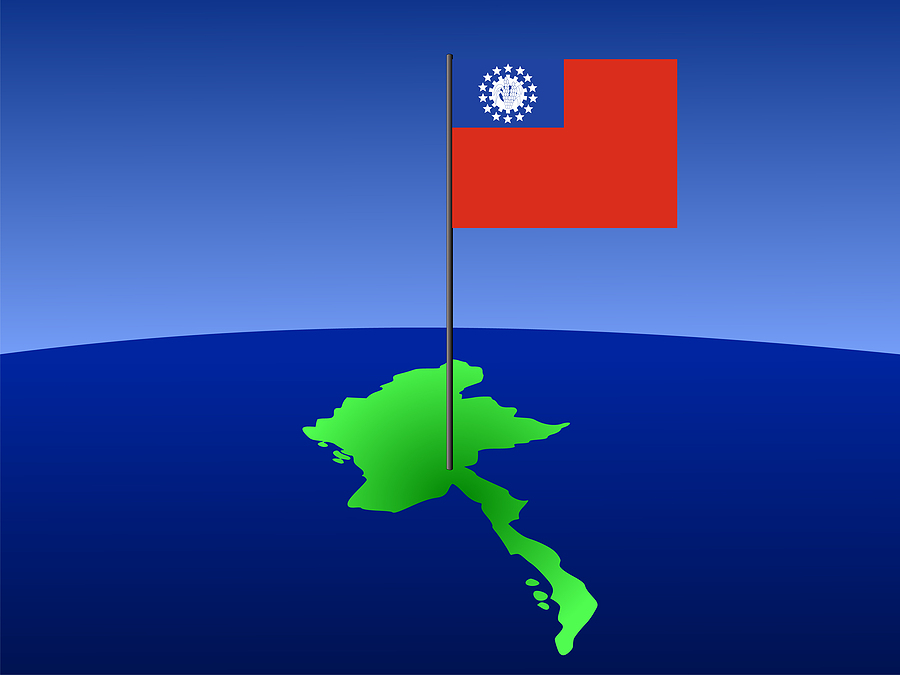 map of Myanmar and their flag on pole illustration