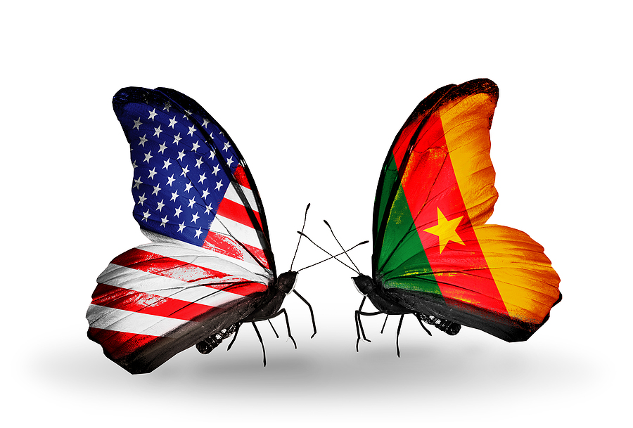 Two butterflies with flags on wings as symbol of relations USA and Cameroon