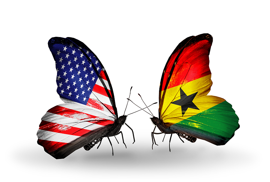 Two butterflies with flags on wings as symbol of relations USA and Ghana