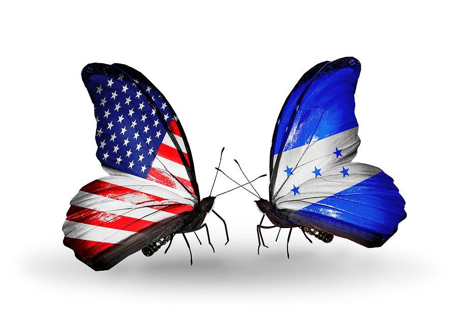 Two butterflies with flags on wings as symbol of relations USA and Honduras