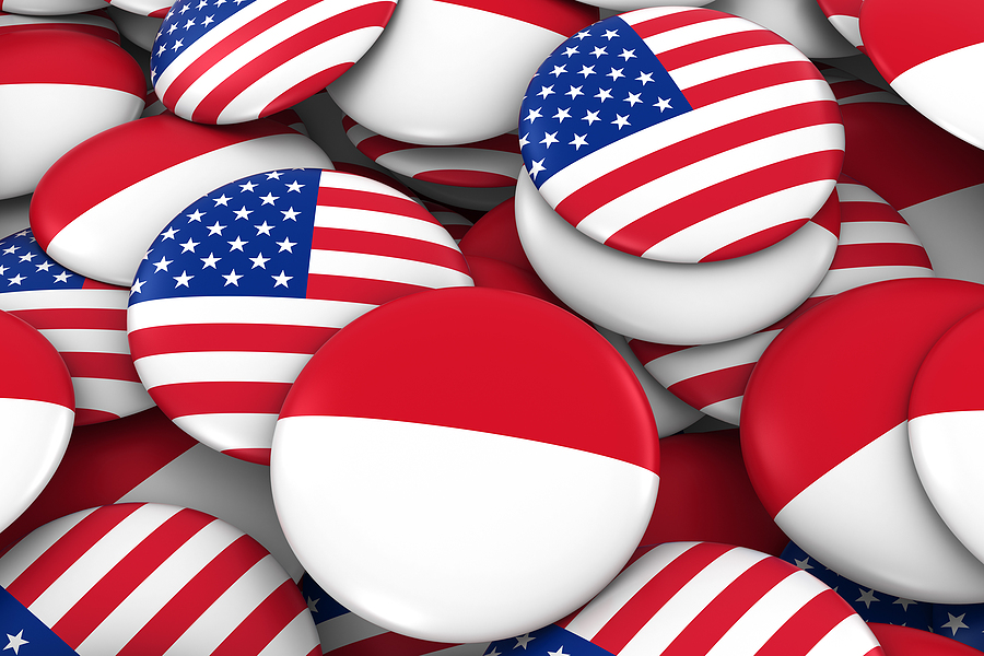 USA and Monaco / Indonesia Badges Background - Pile of American and Monegasque / Indonesian Flag Buttons 3D Illustration